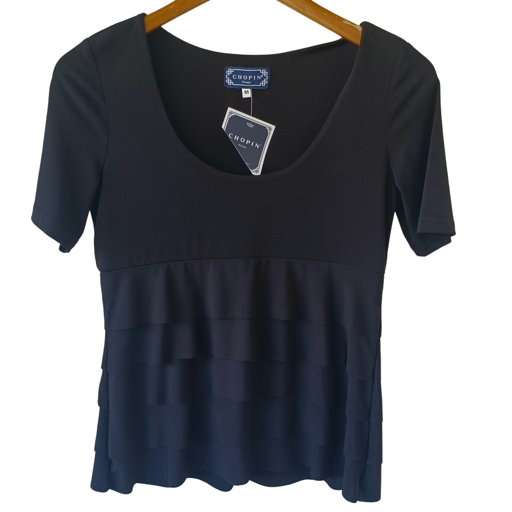Chopin Roma Black Tiered Ruffle Scoop Neck Short Sleeve Top Made in Italy M NWT‎